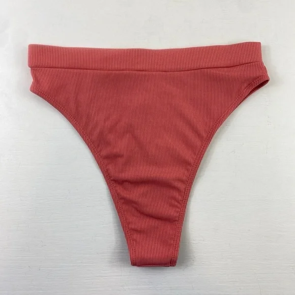 Lulus Coral High Waist Cheeky Ribbed Bikini Bottom NWT Sz Medium - Picture 3 of 9